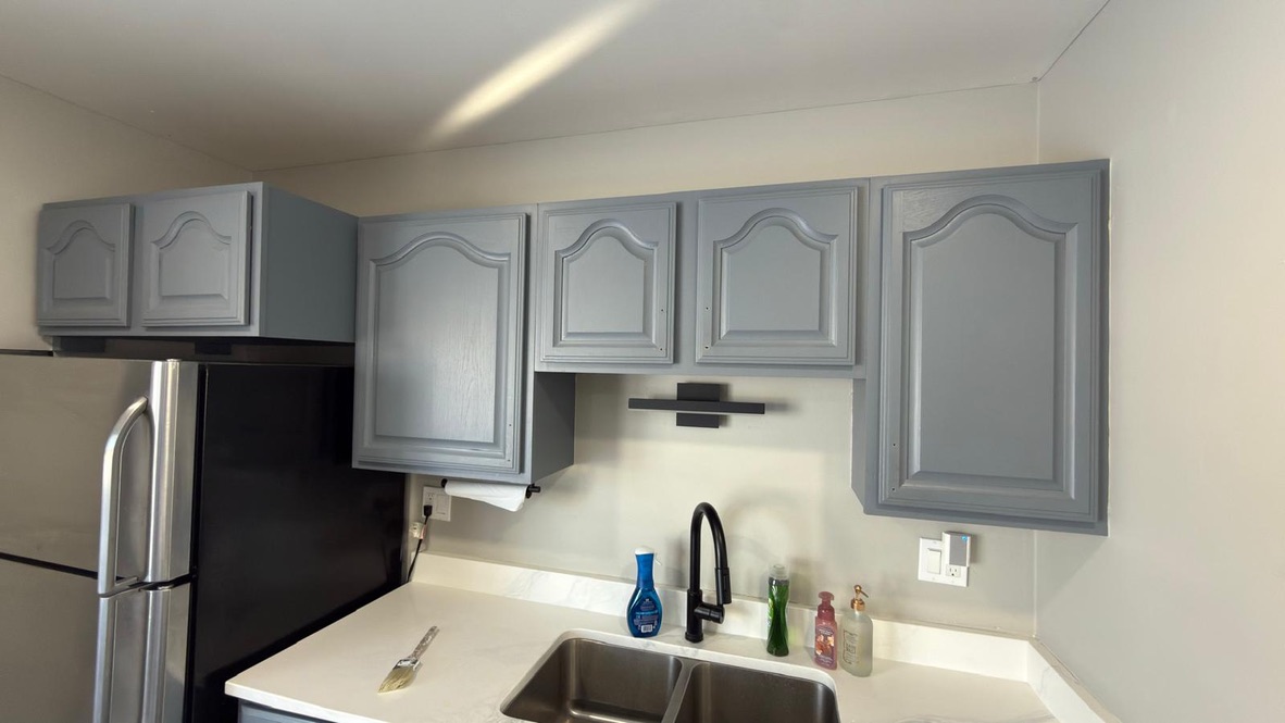 Gray kitchen cabinets, before