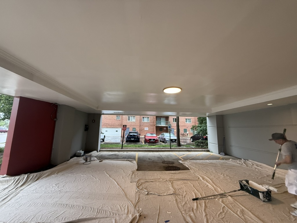 Commercial canopy ceiling repair and repaint, commercial repainting