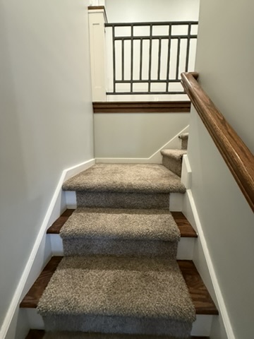 Geneva whole-home repaint · Benjamin Moore, Finished · Staircase and white trim