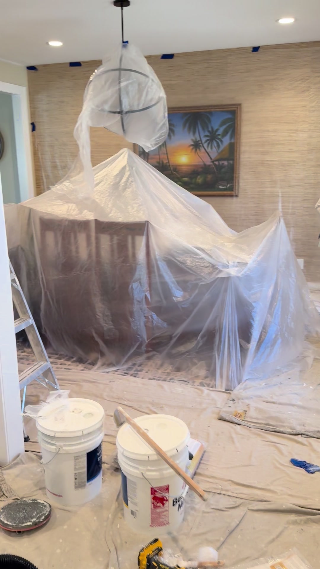 Geneva whole-home repaint · Benjamin Moore, From our project video · Dining room and light fixture protection